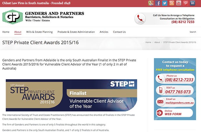 2015 Rod Genders Finalist for STEP International Vulnerable Client of the Year Award 2015 Rod Genders Finalist for STEP International Vulnerable Client of the Year Award