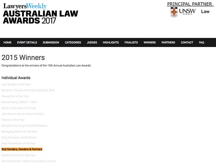 2015 Rod Genders won award for Sole Practitioner of the Year for the whole of Australia 2015 Rod Genders won award for Sole Practitioner of the Year for the whole of Australia